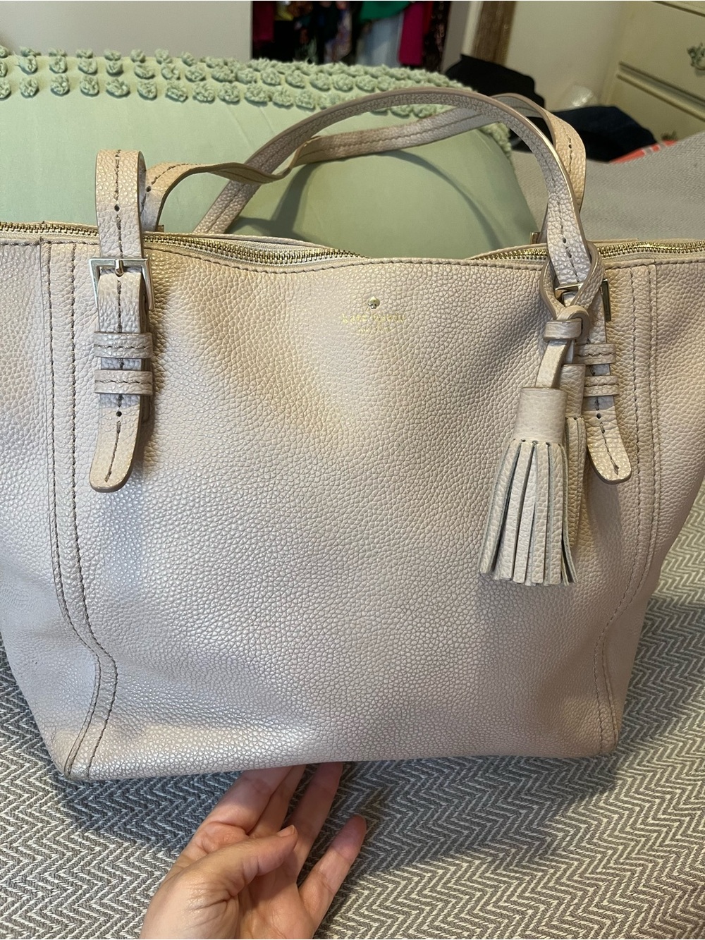 Kate Spade Pebbled Leather Tote in Light Taupe. 100% leather. Striped interior.